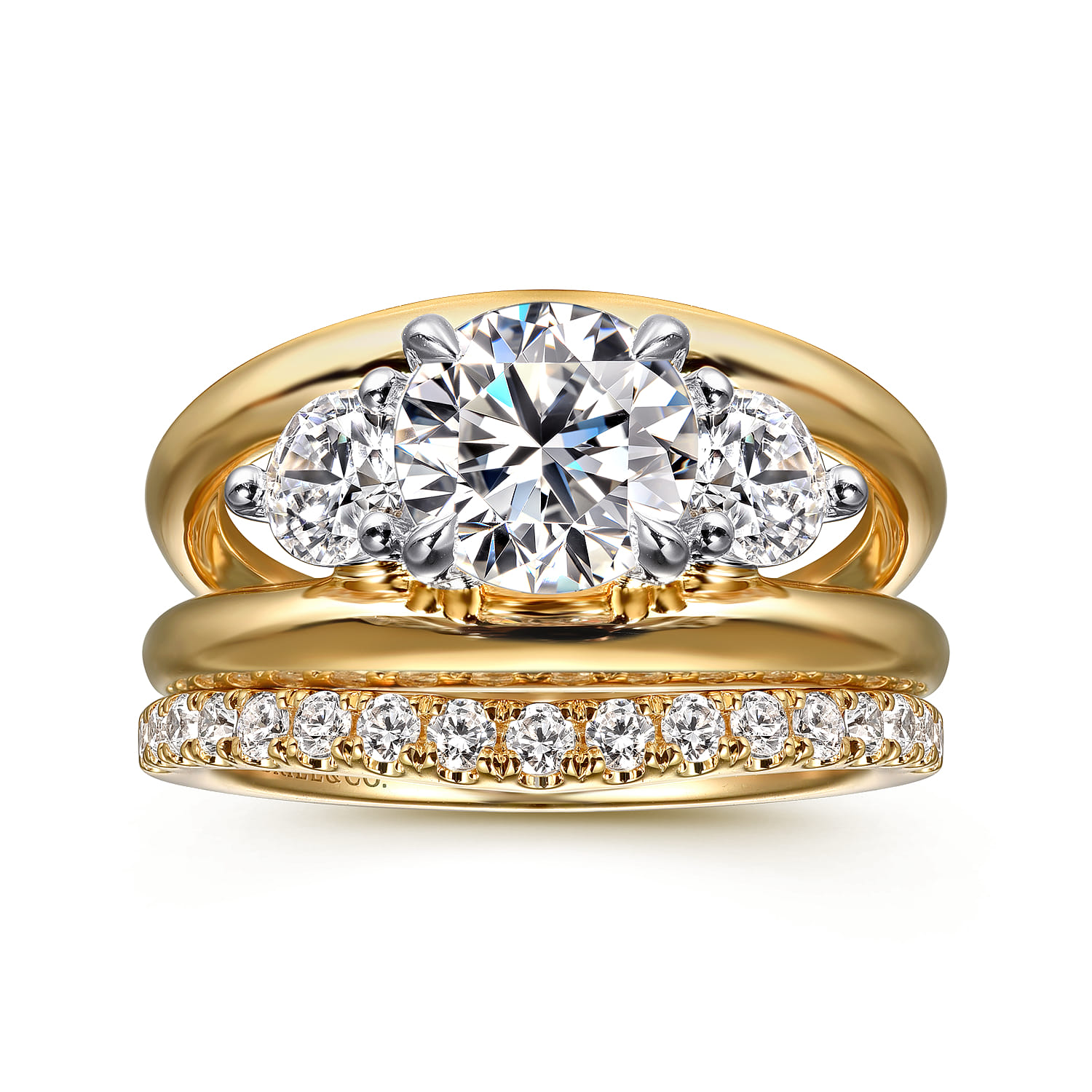 Danni - 14K Yellow-White Gold Round Three Stone Split Shank Diamond Engagement Ring - 0.75 ct - Shot 4