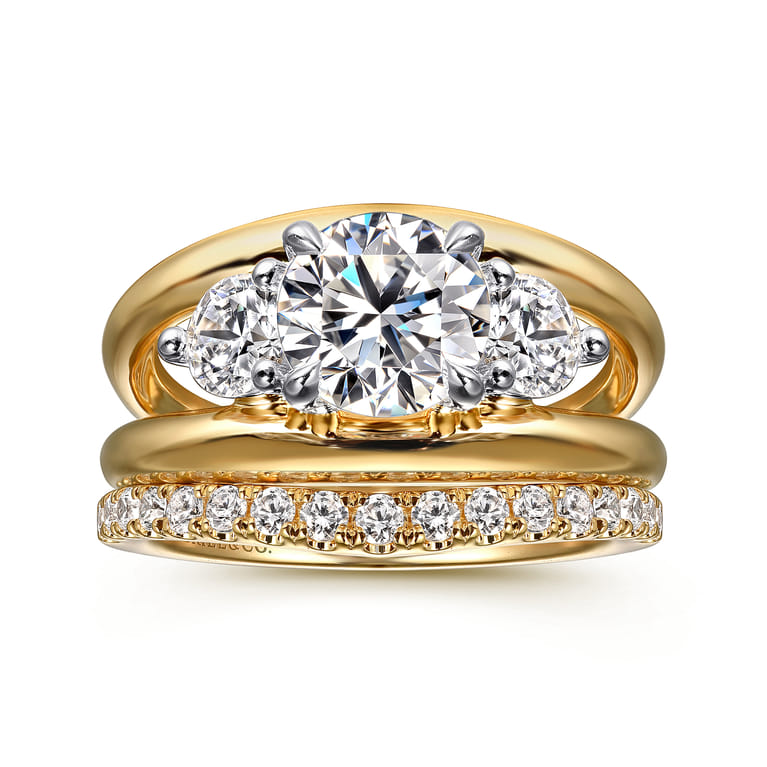 Danni - 14K Yellow-White Gold Round Three Stone Split Shank Diamond Engagement Ring - 0.75 ct - Shot 4