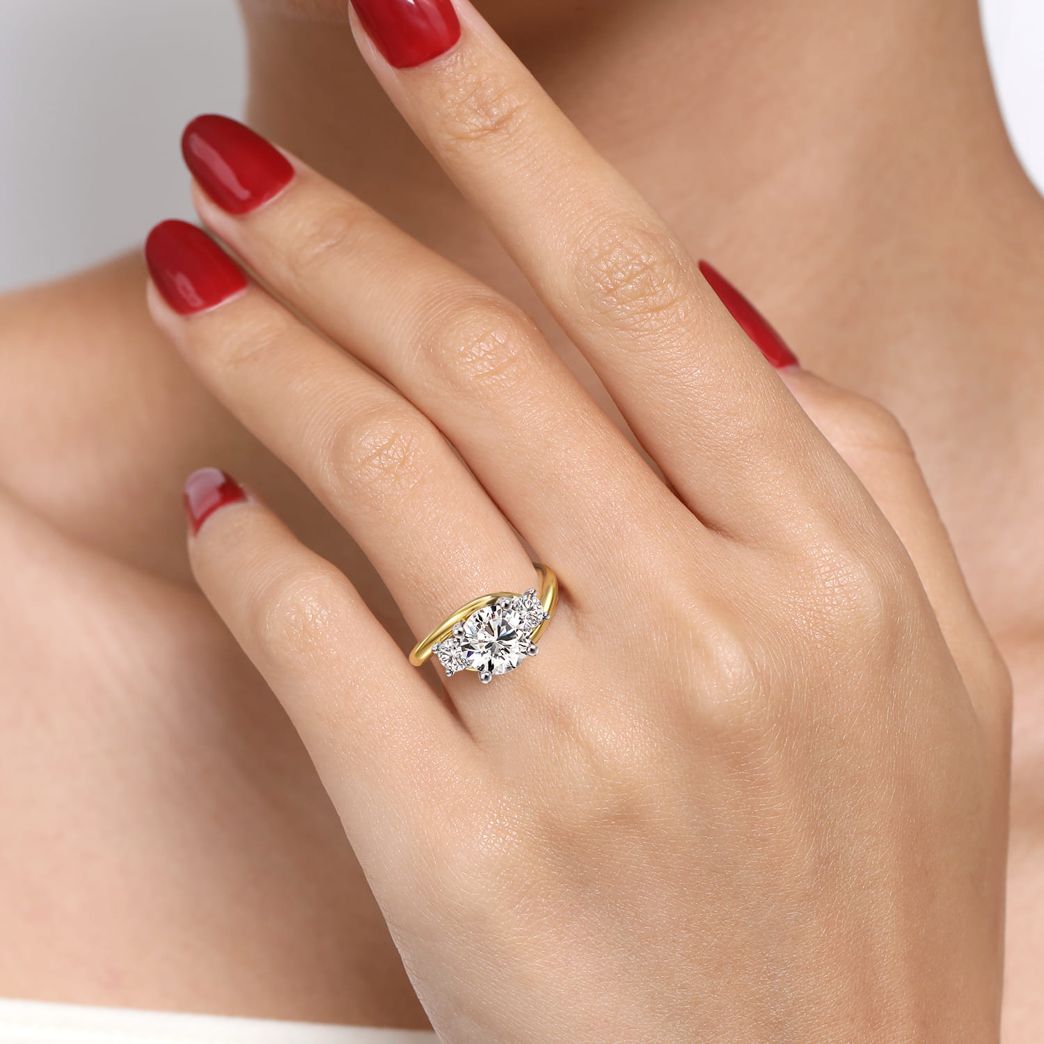 Elin - 14K White-Yellow Gold Round Three Stone Diamond Engagement Ring - 0.5 ct - Shot 5
