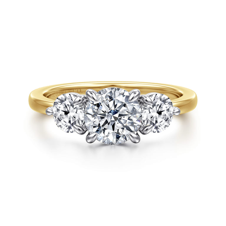 Adeline - 14K White-Yellow Gold Round Three Stone Diamond Engagement Ring - 0.75 ct - Shot 1