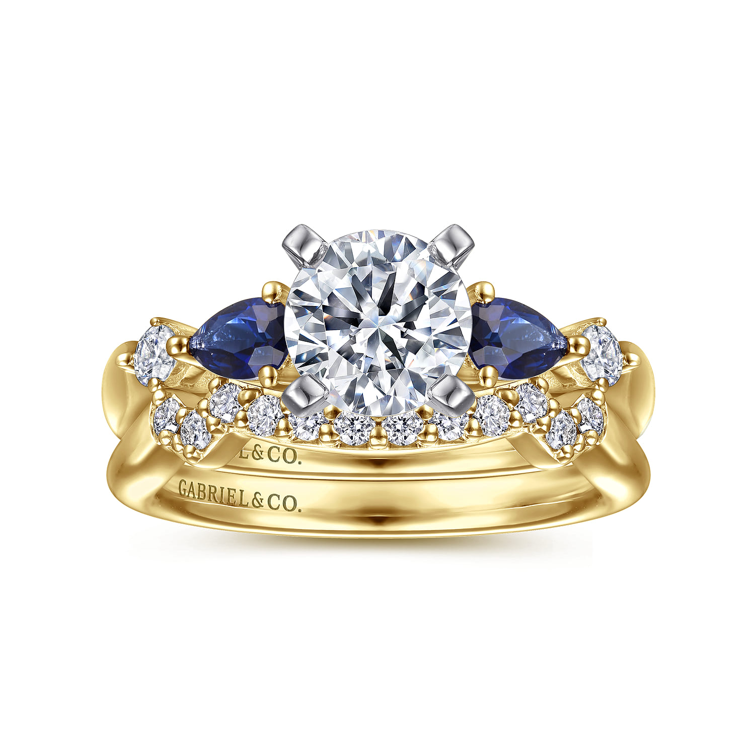 Carrie - 14K White-Yellow Gold Round Five Stone Sapphire and Diamond Engagement Ring - 0.1 ct - Shot 4