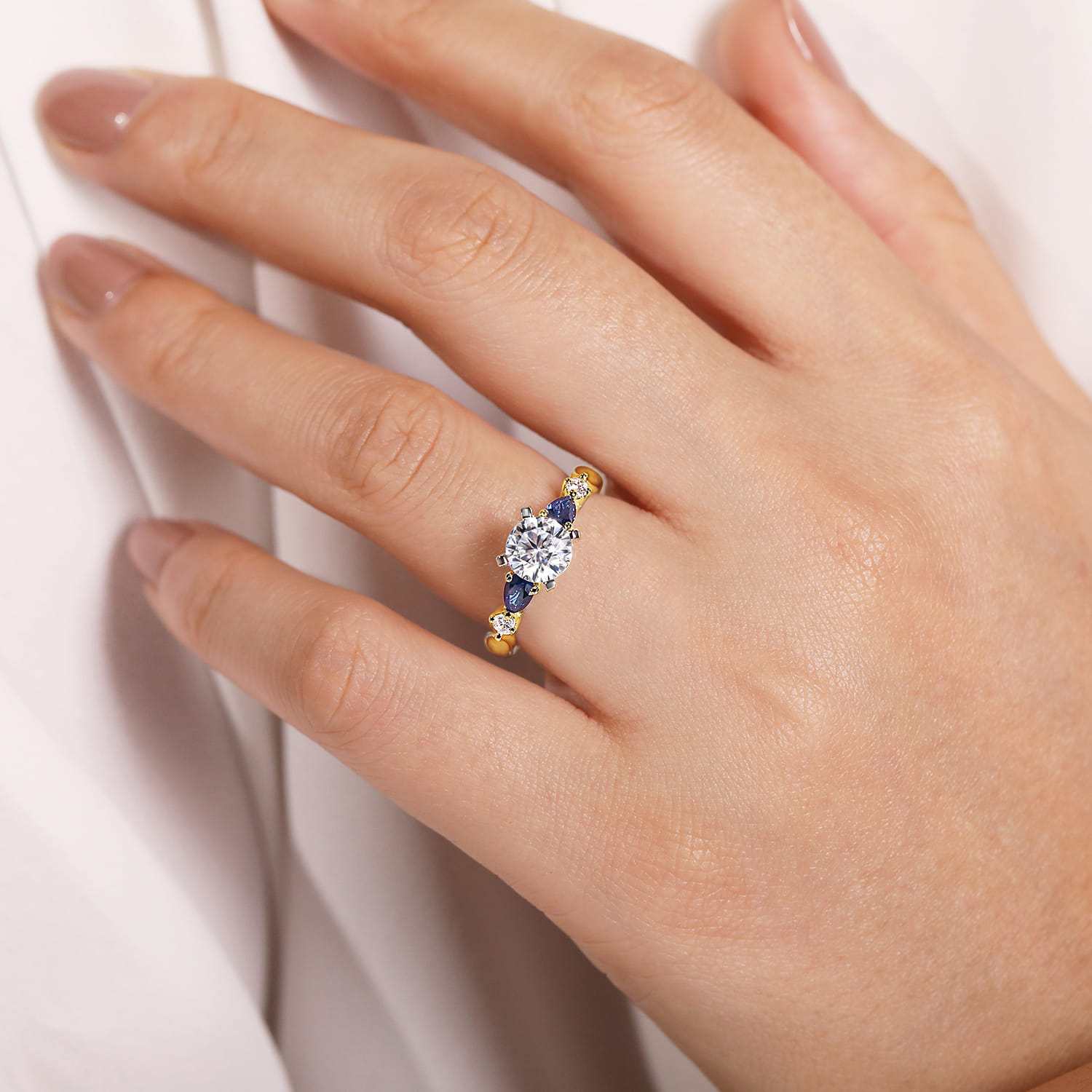 Carrie - 14K White-Yellow Gold Round Five Stone Sapphire and Diamond Engagement Ring - 0.1 ct - Shot 6