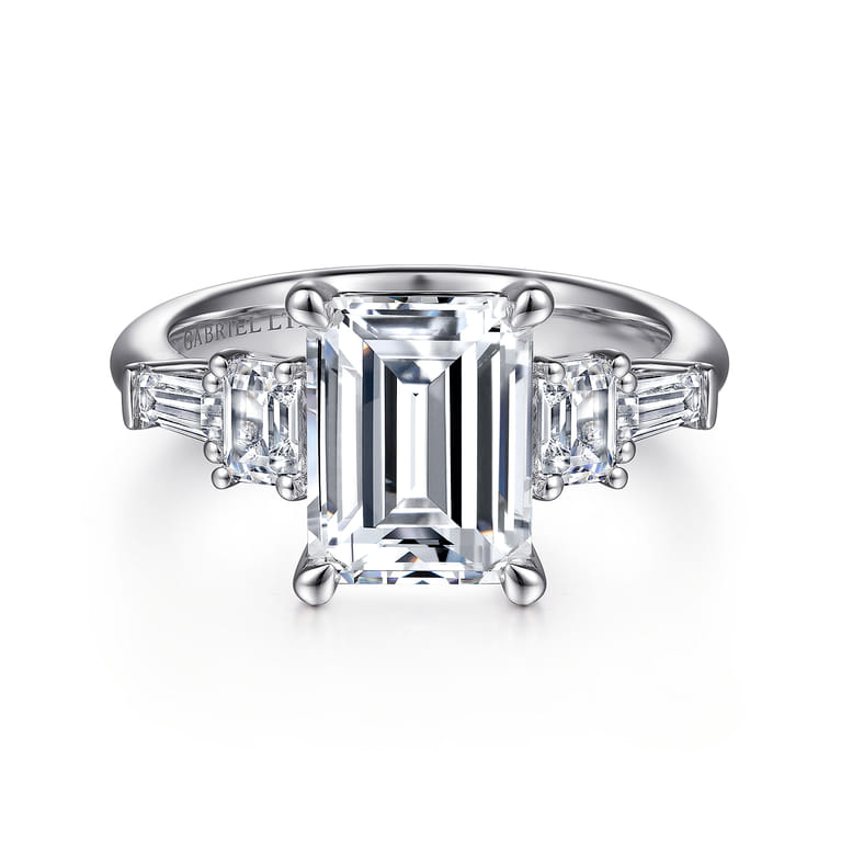 Everley - 18K White Gold Emerald Cut Five Stone Diamond Engagement Ring - 0.7 ct - Shot 1