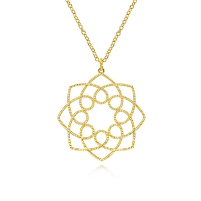 30 inch 14K Yellow Gold Filigree Flower Pendant Necklace
