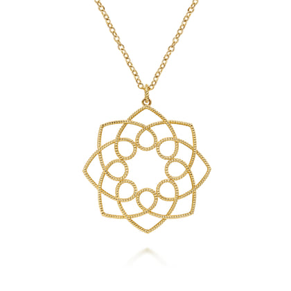 30 inch 14K Yellow Gold Filigree Flower Pendant Necklace