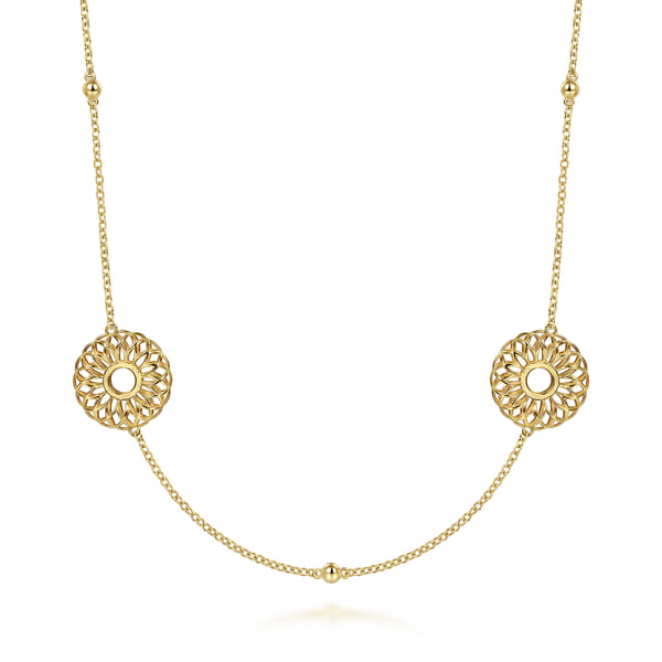 30 inch 14K Yellow Gold Round Openwork Floral Station Necklace 