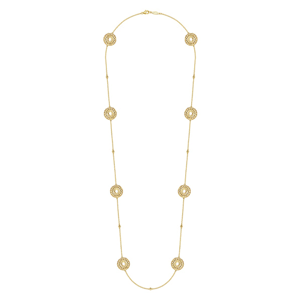 30 inch 14K Yellow Gold Round Openwork Floral Station Necklace 