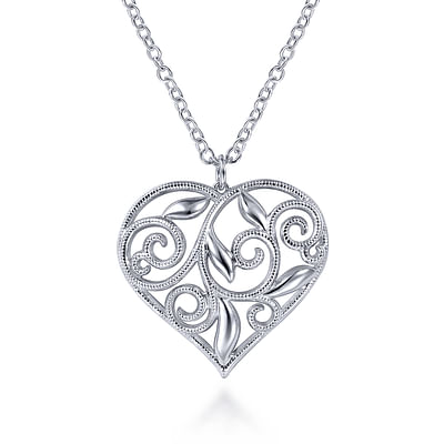30 inch 925 Sterling Silver Floral Inlay Heart Pendant Necklace