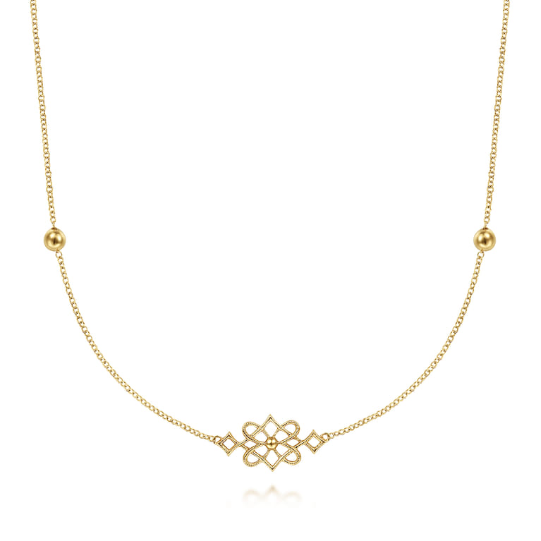 30 inch Vintage Inspired 14K Yellow Gold Filigree Station Necklace - Shot 1