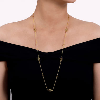 30 inch Vintage Inspired 14K Yellow Gold Filigree Station Necklace