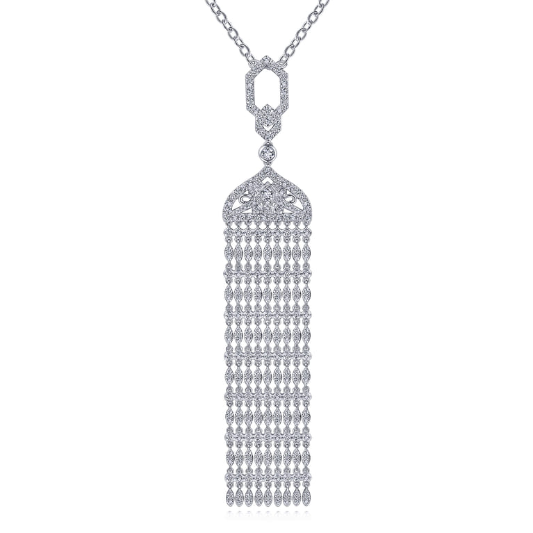 30 inch Vintage Inspired 18K White Gold Filigree and Diamond Tassel Pendant Necklace - 2.7 ct - Shot 1