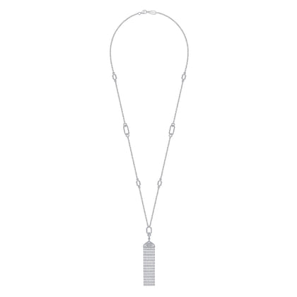30 inch Vintage Inspired 18K White Gold Filigree and Diamond Tassel Pendant Necklace