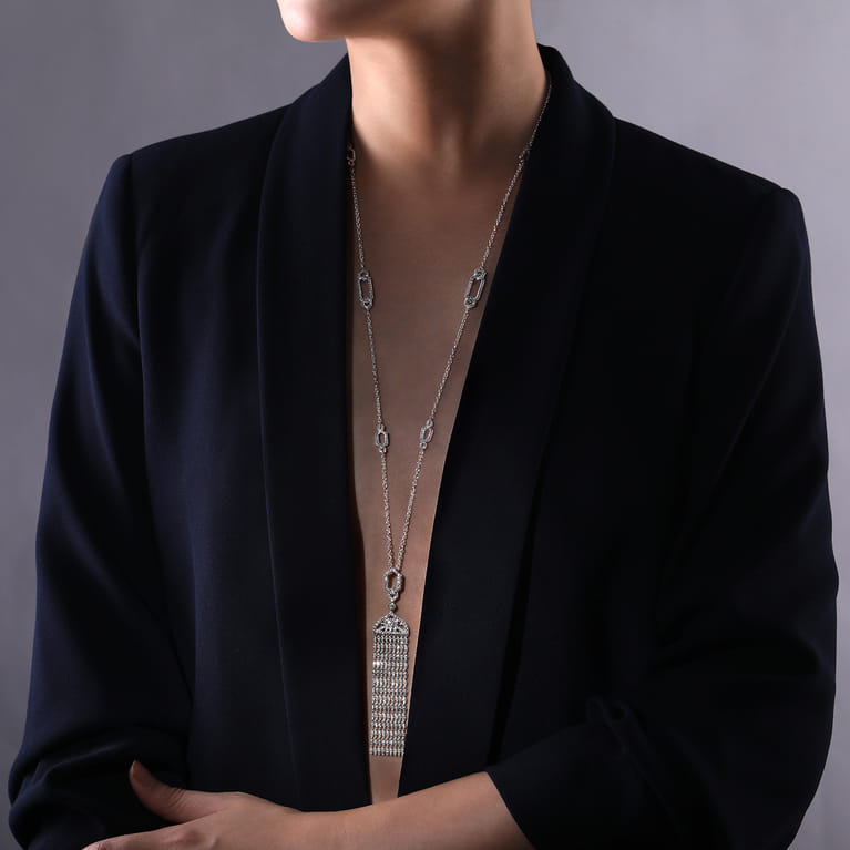 30 inch Vintage Inspired 18K White Gold Filigree and Diamond Tassel Pendant Necklace - 2.7 ct - Shot 3