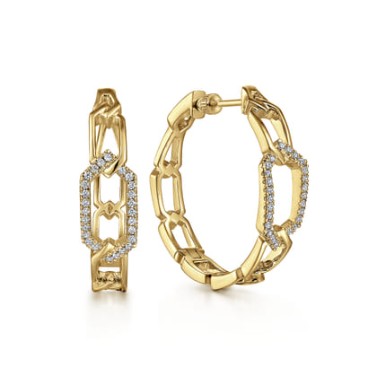 30mm 14K Yellow Gold Diamond Link Geometric Hoops Earrings