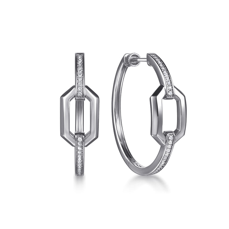 30mm 925 Sterling Silver White Sapphire Link Chain Hoop Earrings - Shot 1