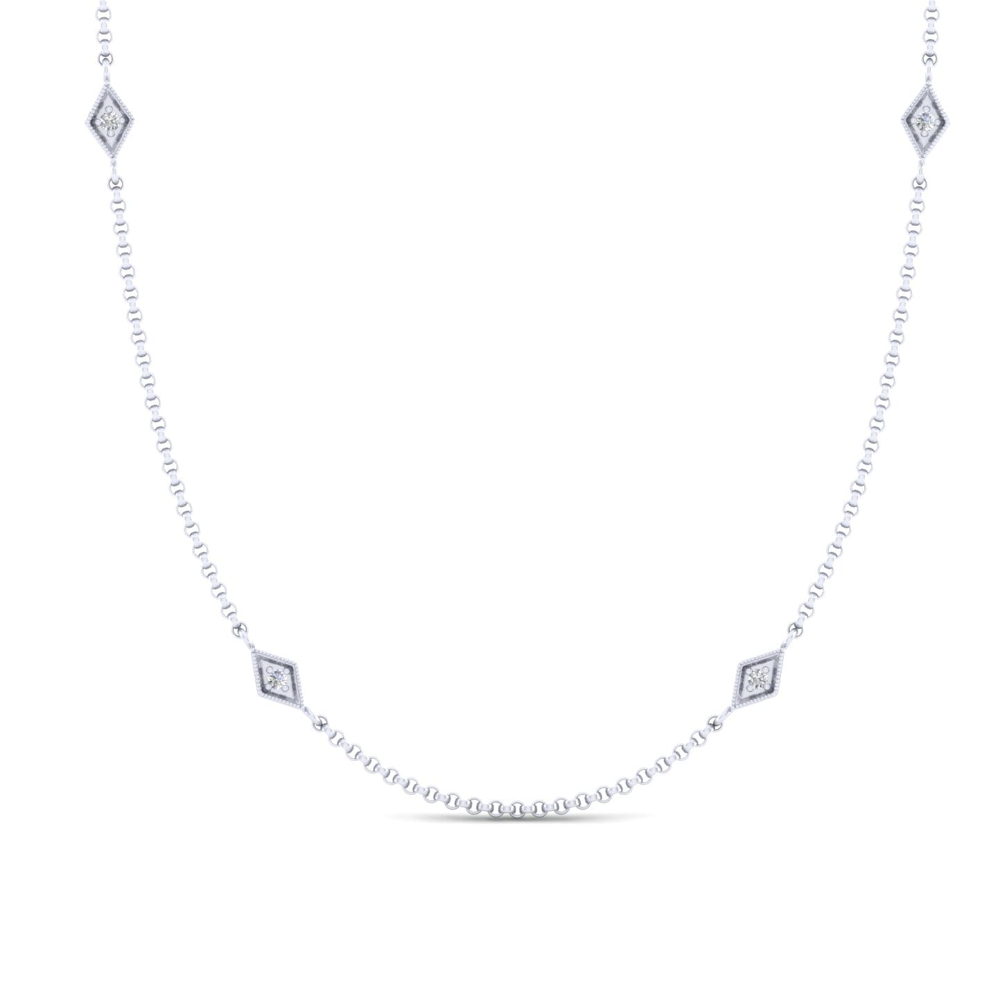 32 Inch 14K White Gold Rhombus Station Necklace with Diamonds - 0.3 ct - Shot 1