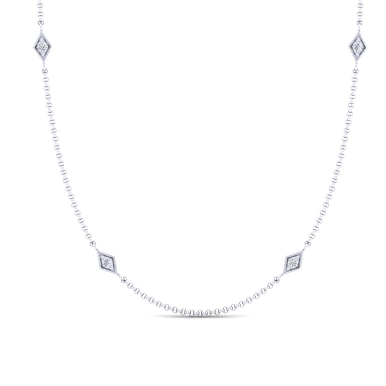 32 Inch 14K White Gold Rhombus Station Necklace with Diamonds - 0.3 ct - Shot 1
