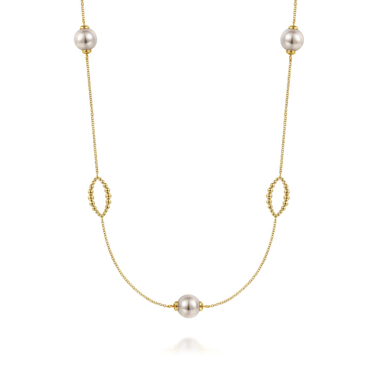 32 Inch 14K Yellow Gold Pearl and Bujukan Ovals Station Necklace - Shot 1