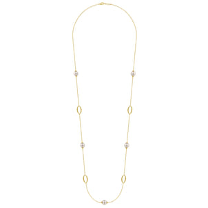 32 Inch 14K Yellow Gold Pearl and Bujukan Ovals Station Necklace