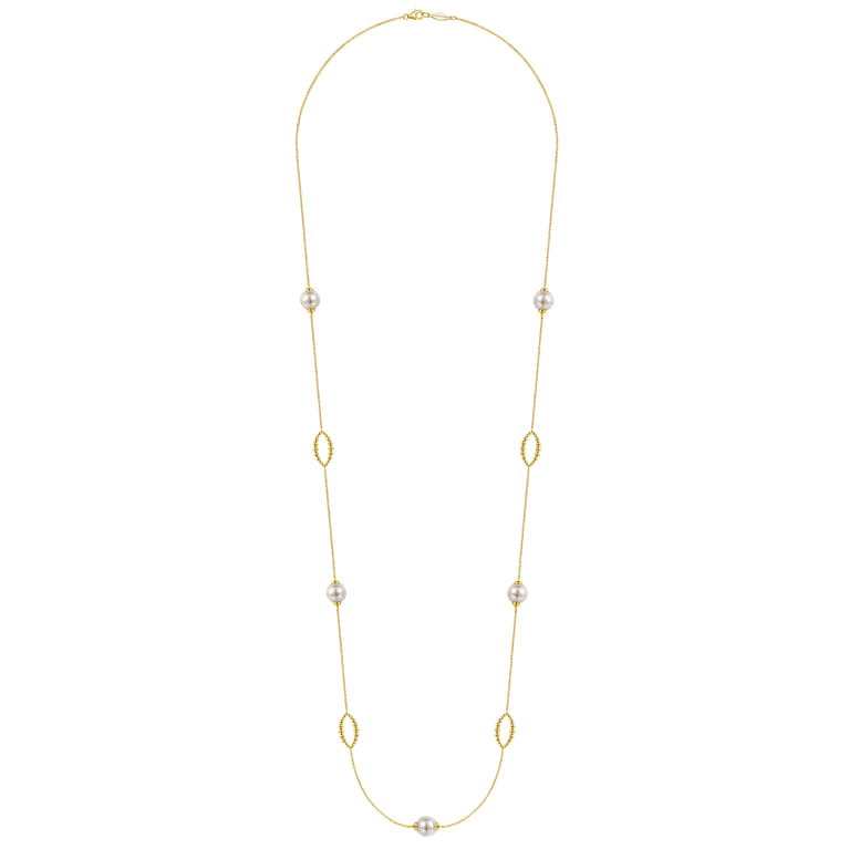 32 Inch 14K Yellow Gold Pearl and Bujukan Ovals Station Necklace - Shot 2
