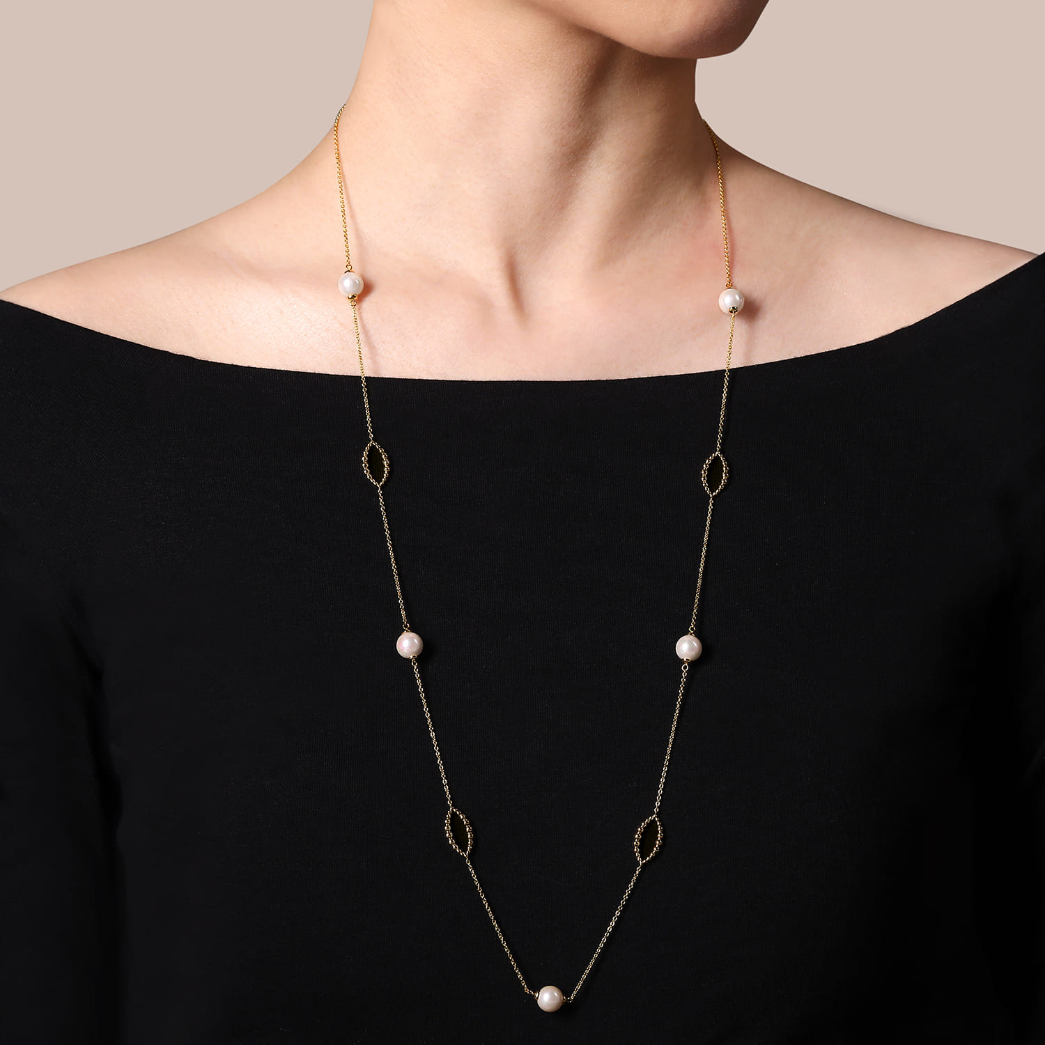 32 Inch 14K Yellow Gold Pearl and Bujukan Ovals Station Necklace - Shot 3