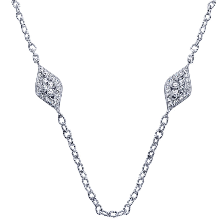 32 inch 18K White Gold Milgrain and Diamond Marquise Station Necklace - 2.23 ct - Shot 1
