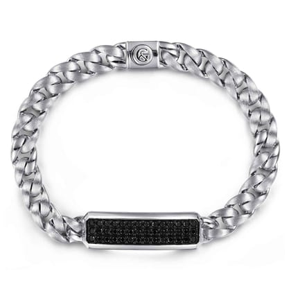 43mm 925 Sterling Silver Black Spinel Men's Mix Cuban Link Chain with ID Bracelet