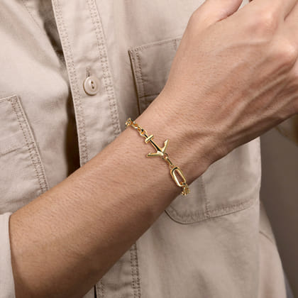 5mm 14K Yellow Gold Link Men's Hollow Chain and Anchor Bracelet