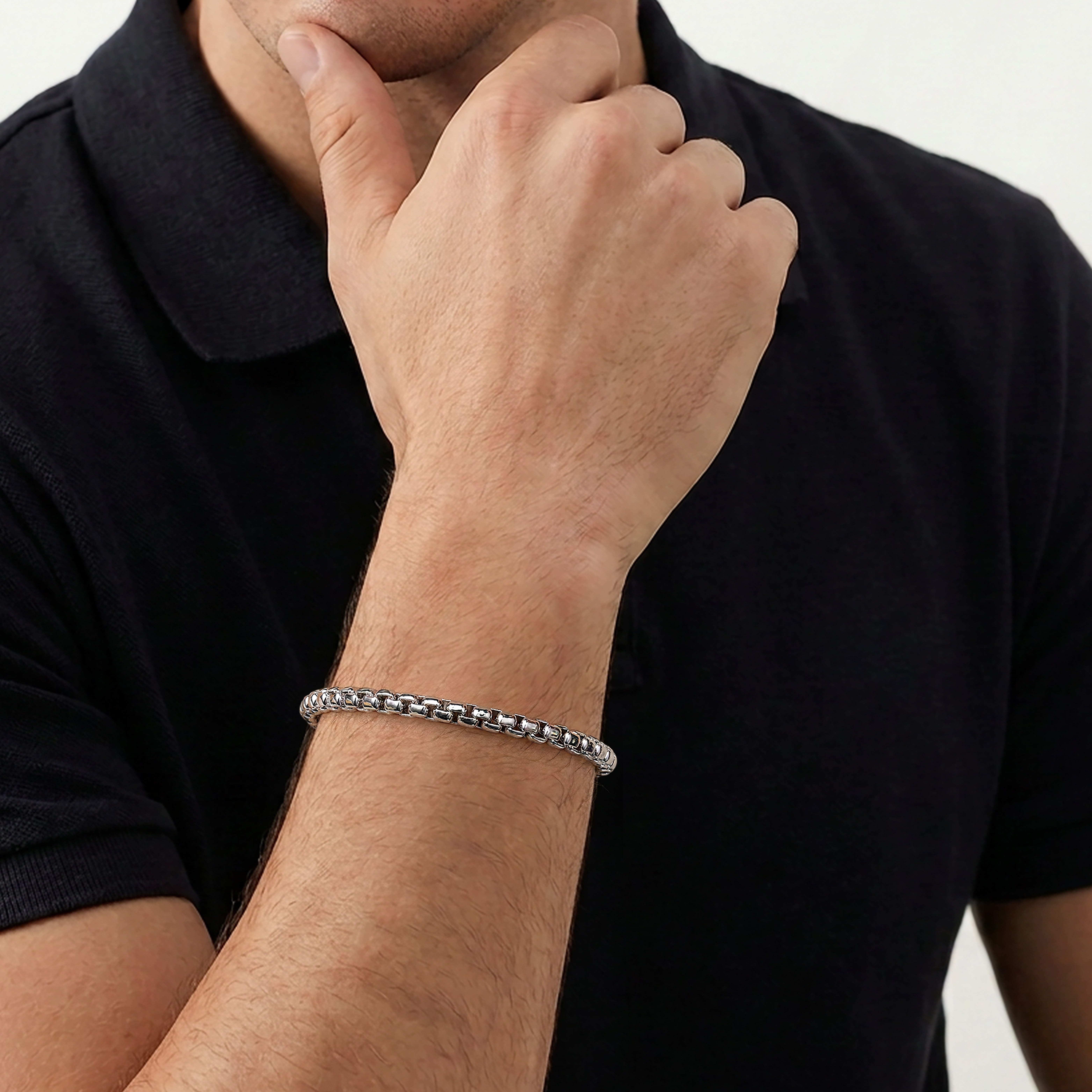 5mm 925 Sterling Silver Men's Solid Round Box Chain Bracelet