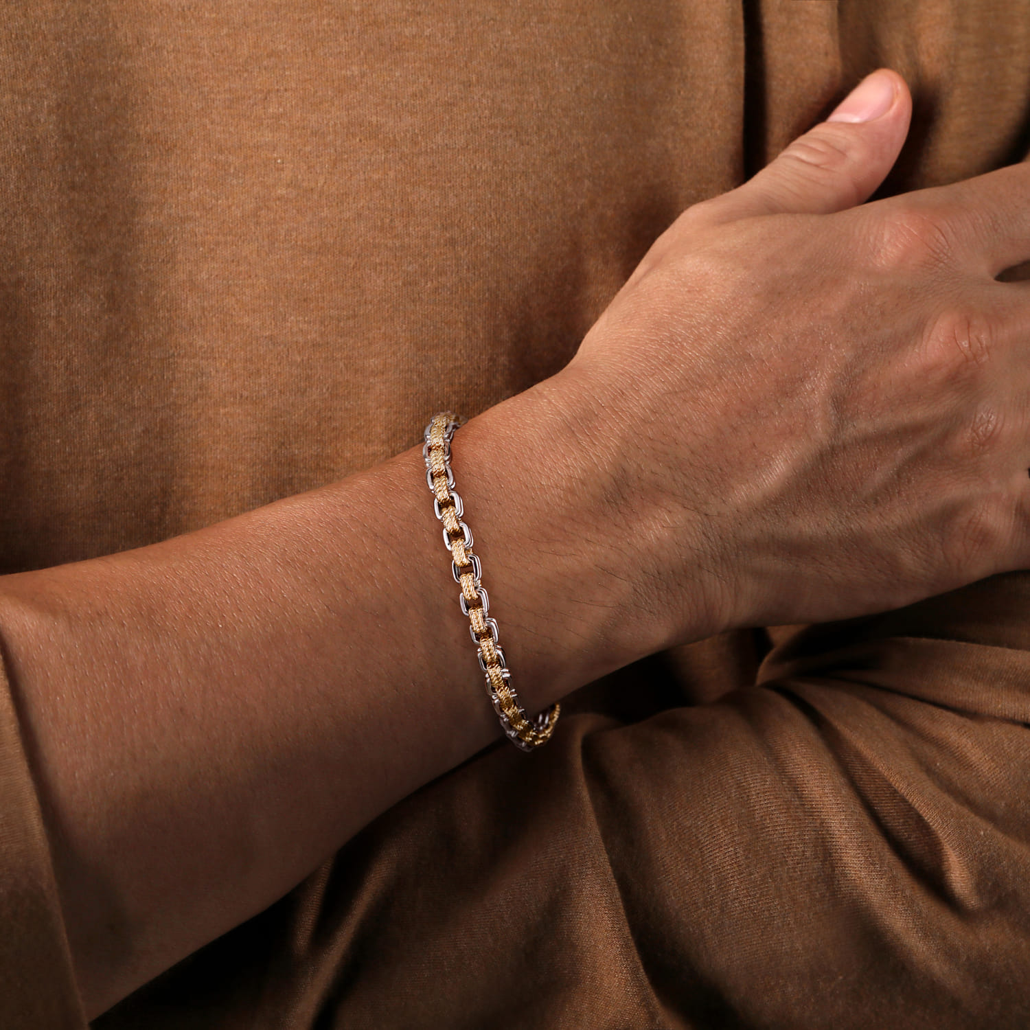 6mm 14K Yellow-White Gold Two Tone Men's Solid Chain Bracelet - Shot 4