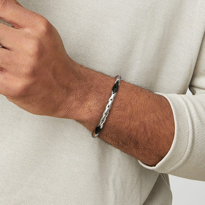 6mm 925 Sterling Silver Black Spinel Tubular Men's Hollow Chain Bracelet