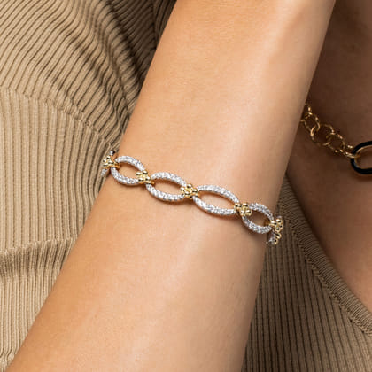 7inch 14K White-Yellow Gold Diamond Link Bracelet