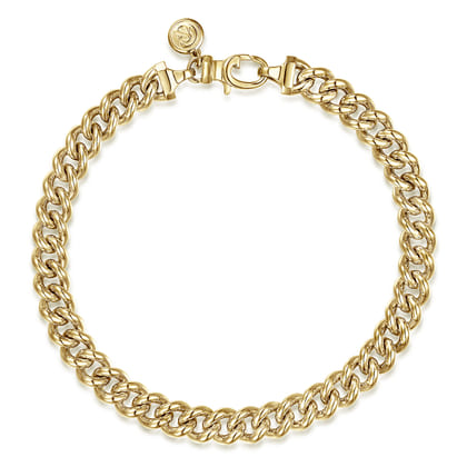 7mm 14K Yellow Gold Men's Solid Cuban Link Chain Bracelet