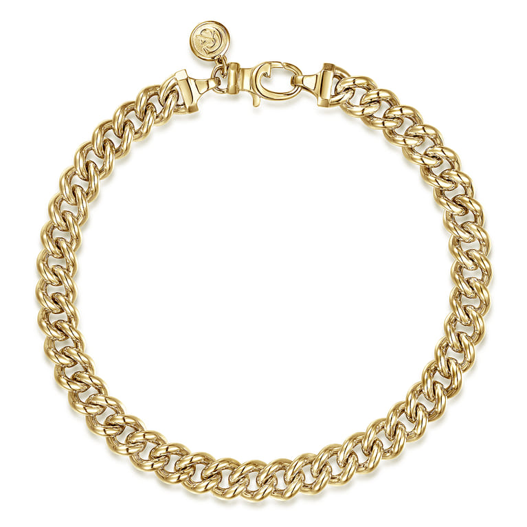 7mm 14K Yellow Gold Men's Solid Cuban Link Chain Bracelet - Shot 1