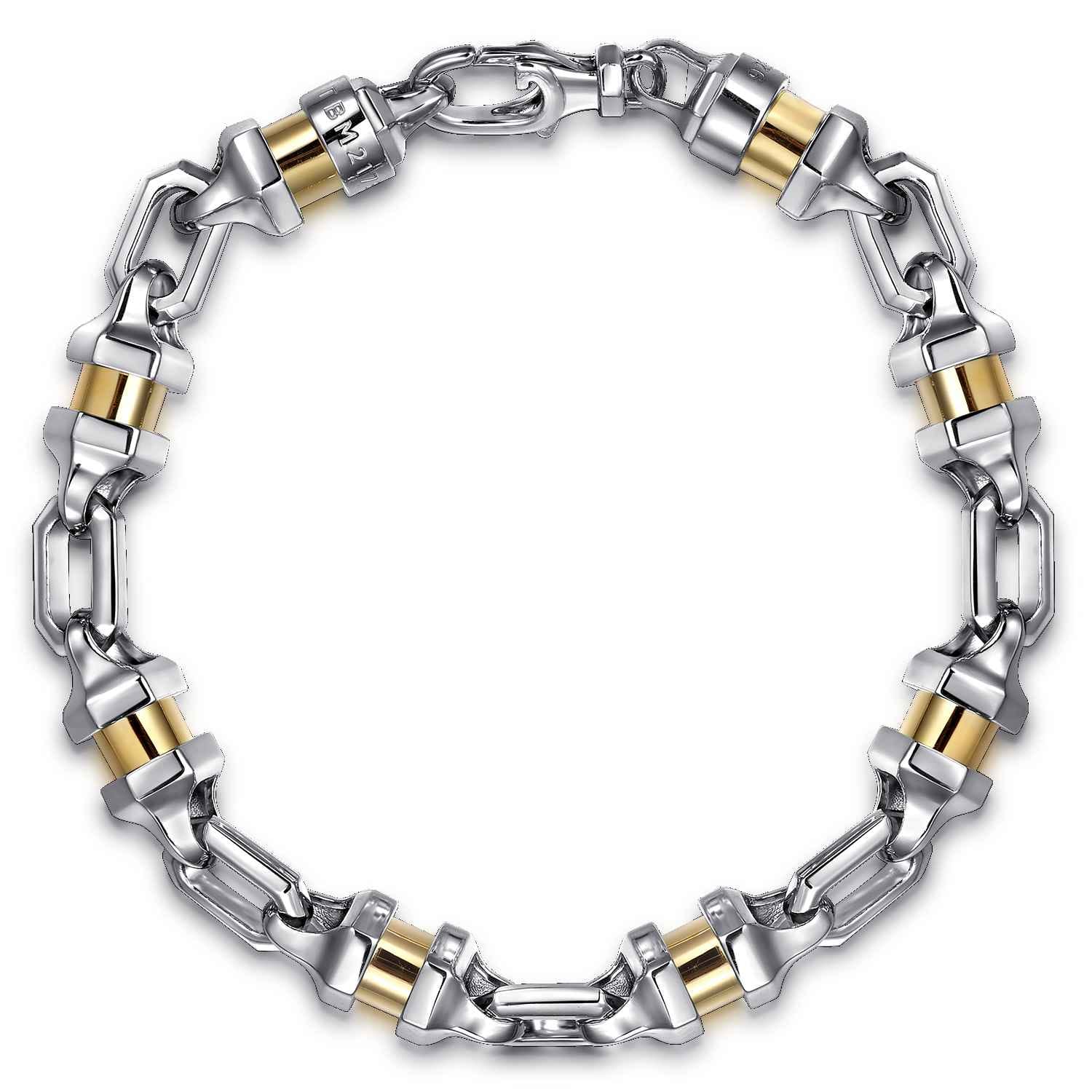 7mm 925 Sterling Silver and 14K Yellow Gold Men's Solid Chain Bracelet Cylinder Spacer - Shot 1