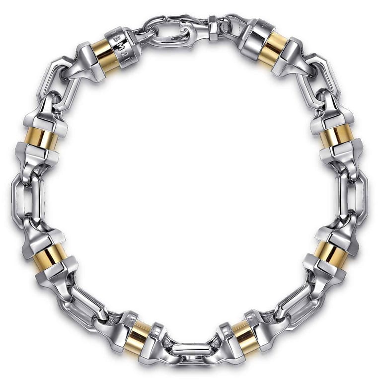 7mm 925 Sterling Silver and 14K Yellow Gold Men's Solid Chain Bracelet Cylinder Spacer - Shot 1
