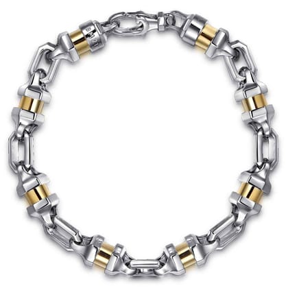 7mm 925 Sterling Silver and 14K Yellow Gold Men's Solid Chain Bracelet Cylinder Spacer