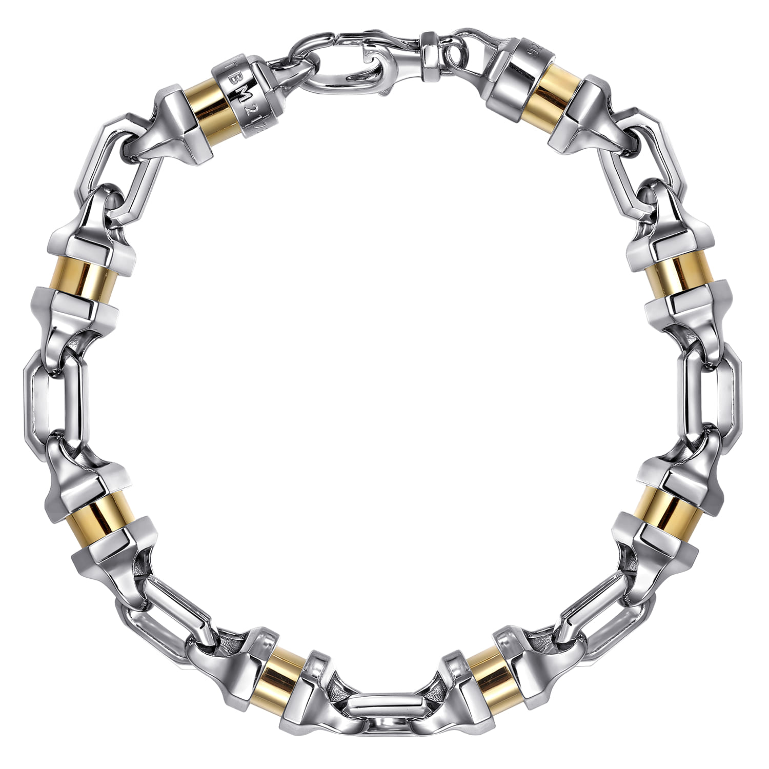 7mm 925 Sterling Silver and 14K Yellow Gold Men's Solid Chain Bracelet Cylinder Spacer - Shot 1