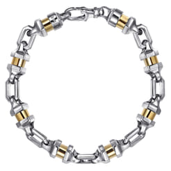 7mm 925 Sterling Silver and 14K Yellow Gold Men's Solid Chain Bracelet Cylinder Spacer