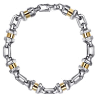 7mm 925 Sterling Silver and 14K Yellow Gold Men's Solid Chain Bracelet Cylinder Spacer