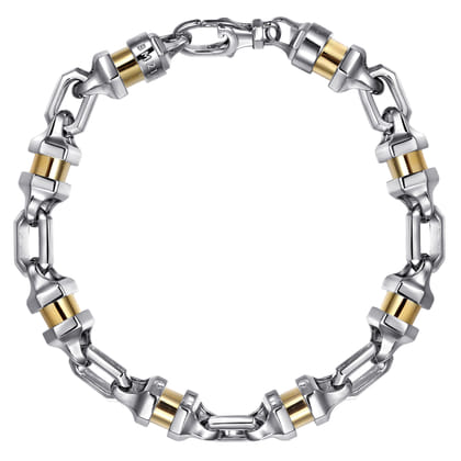 7mm 925 Sterling Silver and 14K Yellow Gold Men's Solid Chain Bracelet Cylinder Spacer