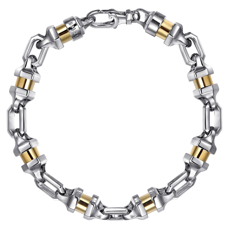 7mm 925 Sterling Silver and 14K Yellow Gold Men's Solid Chain Bracelet Cylinder Spacer - Shot 1
