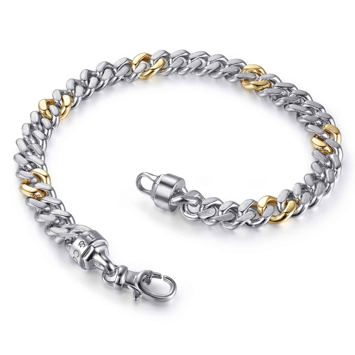 7mm 925 Sterling Silver and 14K Yellow Gold Men's Solid Cuban Link Chain with Diamond Cut Bracelet - Shot 3