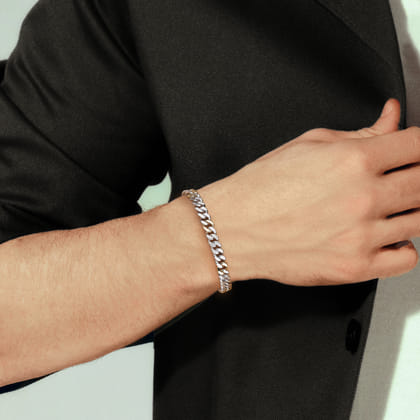 7mm 925 Sterling Silver and 14K Yellow Gold Men's Solid Cuban Link Chain with Diamond Cut Bracelet