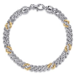 7mm 925 Sterling Silver and 14K Yellow Gold Men's Solid Cuban Link Chain with Diamond Cut Bracelet