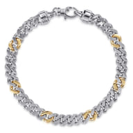 7mm 925 Sterling Silver and 14K Yellow Gold Men's Solid Cuban Link Chain with Diamond Cut Bracelet