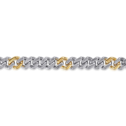7mm 925 Sterling Silver and 14K Yellow Gold Men's Solid Cuban Link Chain with Diamond Cut Bracelet