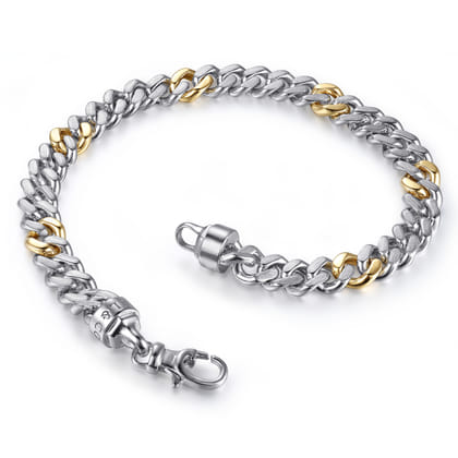 7mm 925 Sterling Silver and 14K Yellow Gold Men's Solid Cuban Link Chain with Diamond Cut Bracelet