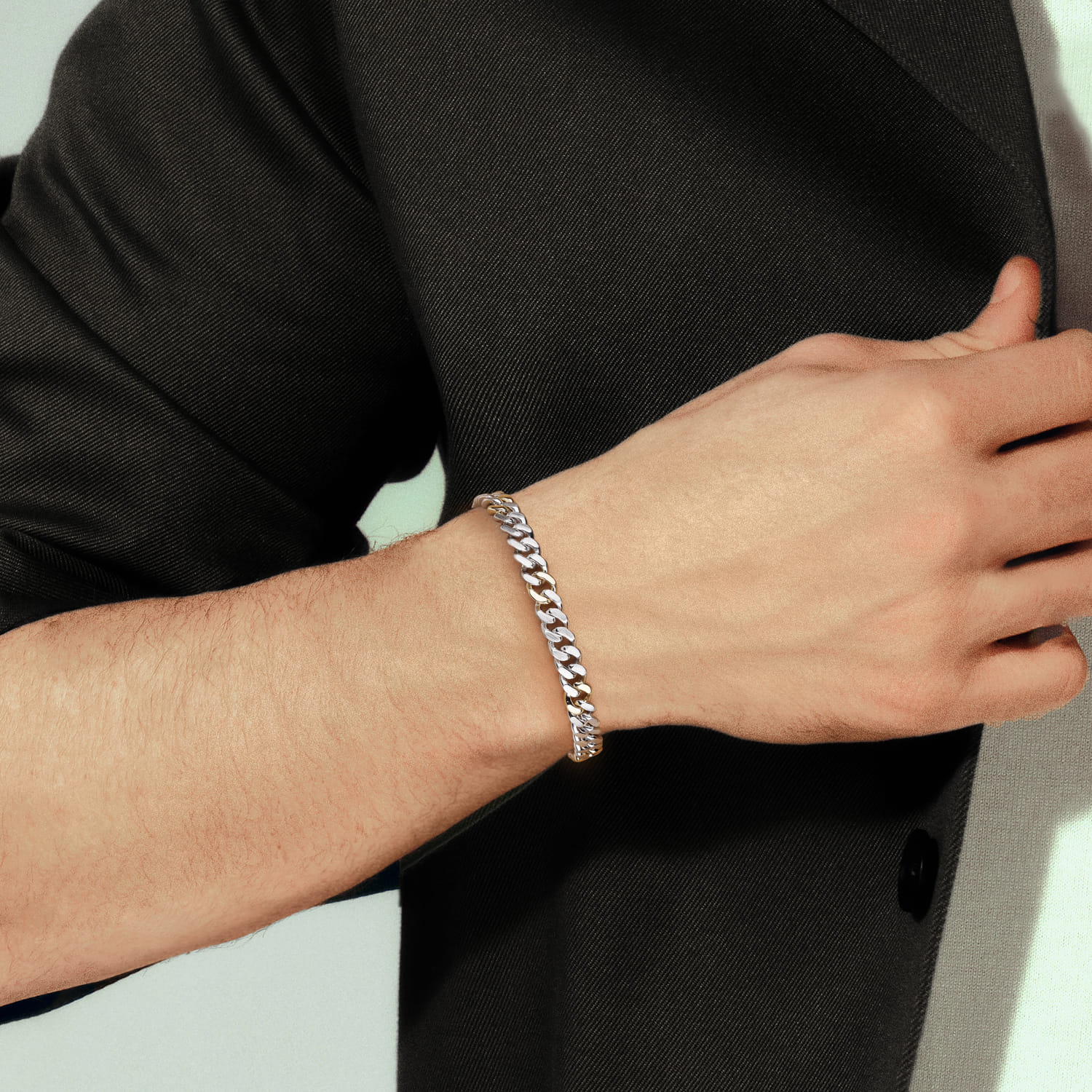 7mm 925 Sterling Silver and 14K Yellow Gold Men's Solid Cuban Link Chain with Diamond Cut Bracelet - Shot 4