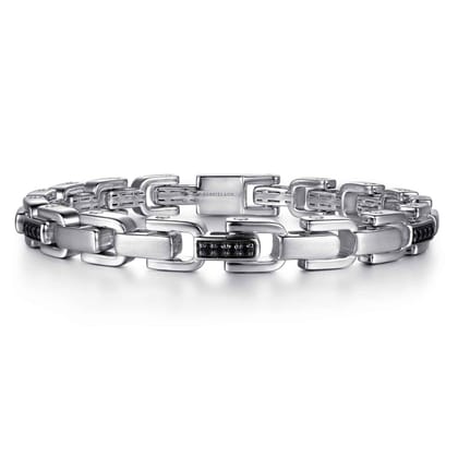 8mm 925 Sterling Silver Black Spinel Men's Cylindrical Mix Link Chain Bracelet